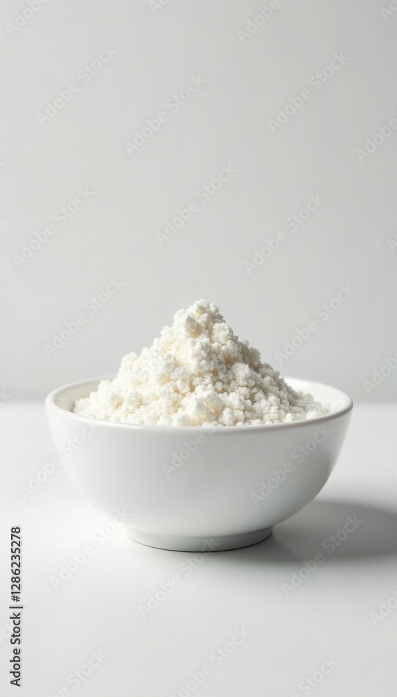 Plain white bowl filled with fine white powder on seamless white backdrop, ceramic, natural, baking Plain white bowl filled with fine white powder on seamless white backdrop, ceramic, natural, baking