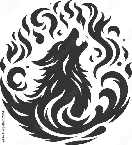 A wolf howling with fire and water swirling around it animal vector silhouette