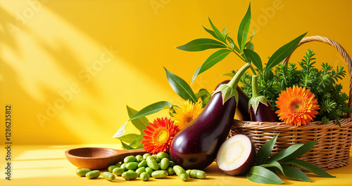 Fresh eggplant and unripe soybeans Edamame Japanese cuisine, with flowers on sunny yellow background, photo for popularization of local farm products, for advertising healthy food, recipes