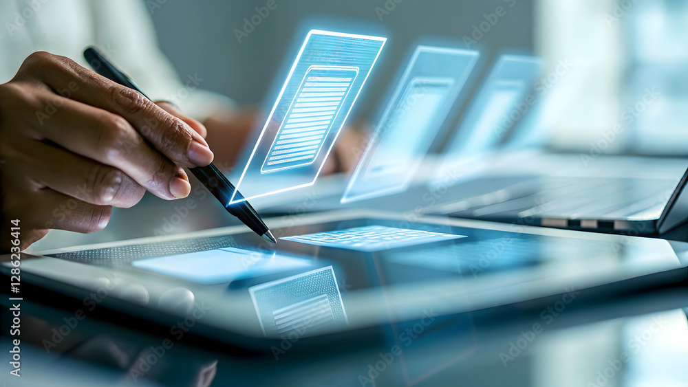Obraz premium Seamless Digital Signatures: Hand Signing on Tablet with Holograms