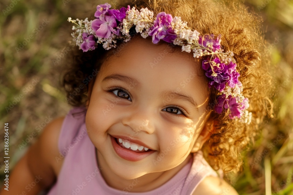 Golden hour in sunset. Happy mixed-race toddler girl wearing purple flower circlet on her head. Happy vacation time symbol. Happy girl playing in the sun. Nature-filled joy for kids. Golden hour in sunset. Happy mixed-race toddler girl wearing purple flower circlet on her head. Happy vacation time symbol. Happy girl playing in the sun. Nature-filled joy for kids.