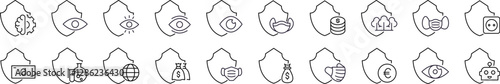 Insurance Line Icon Set. Contains Icons of Health, Money, Robot etc by Shield for Graphics, Concept, Apps