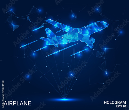 Airplane hologram. Airplane is made of polygons, triangles, dots, and lines. Airplane is a low-poly compound structure. Technology concept vector.