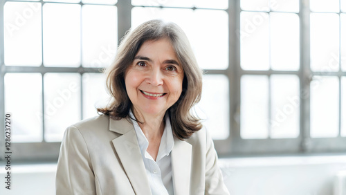 Free Download Happy and Smiling Mature 50-Year-Old Female Psychologist: Close-Up Headshot of a Sophisticated Businesswoman Isolated on Grey Background for Stock Photo Advertising Services - GFXLoad