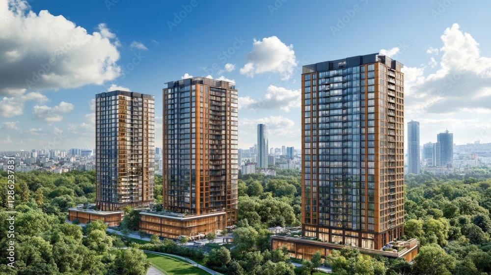 Fototapeta premium Modern apartment buildings, parkland, city view, illustration, real estate