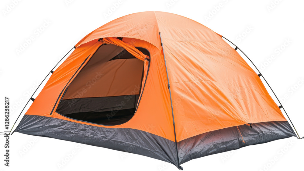 Bright orange camping tent pitched in a serene outdoor location set against a clear blue sky during daytime