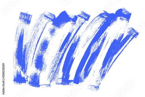 Grainy blue spiral and curly brush stroke with spray texture. Vector grunge texture with brush drawn squiggles, swirl thick line. Grunge blue background with grainy dust smears. Blue background.