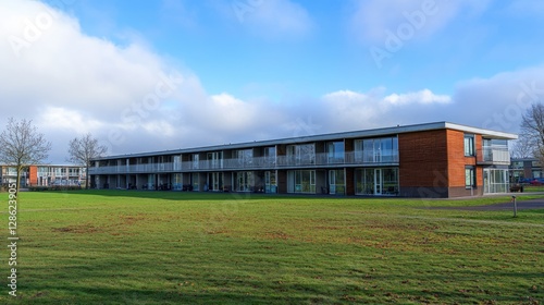 Modern apartment complex in a sunny parkland setting.  Possible use for stock photography photo