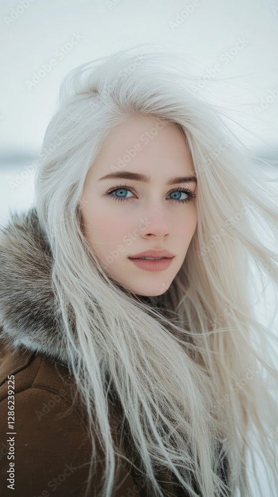 Nordic woman with icy blue eyes, long platinum blonde hair Nordic woman with icy blue eyes, long platinum blonde hair
