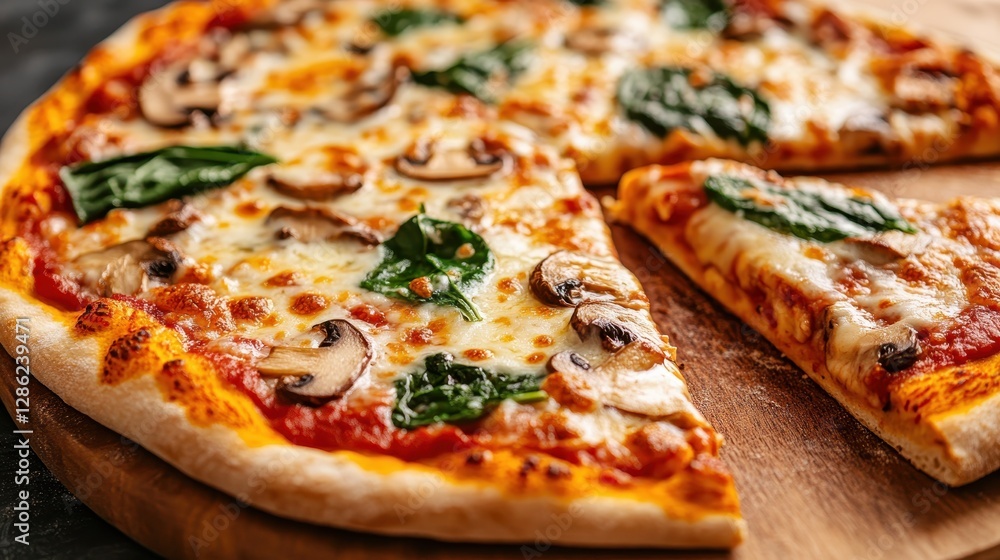 This image showcases a delicious pizza topped with fresh spinach and mushrooms, emphasizing its appetizing appearance and classic culinary appeal. This image showcases a delicious pizza topped with fresh spinach and mushrooms, emphasizing its appetizing appearance and classic culinary appeal.