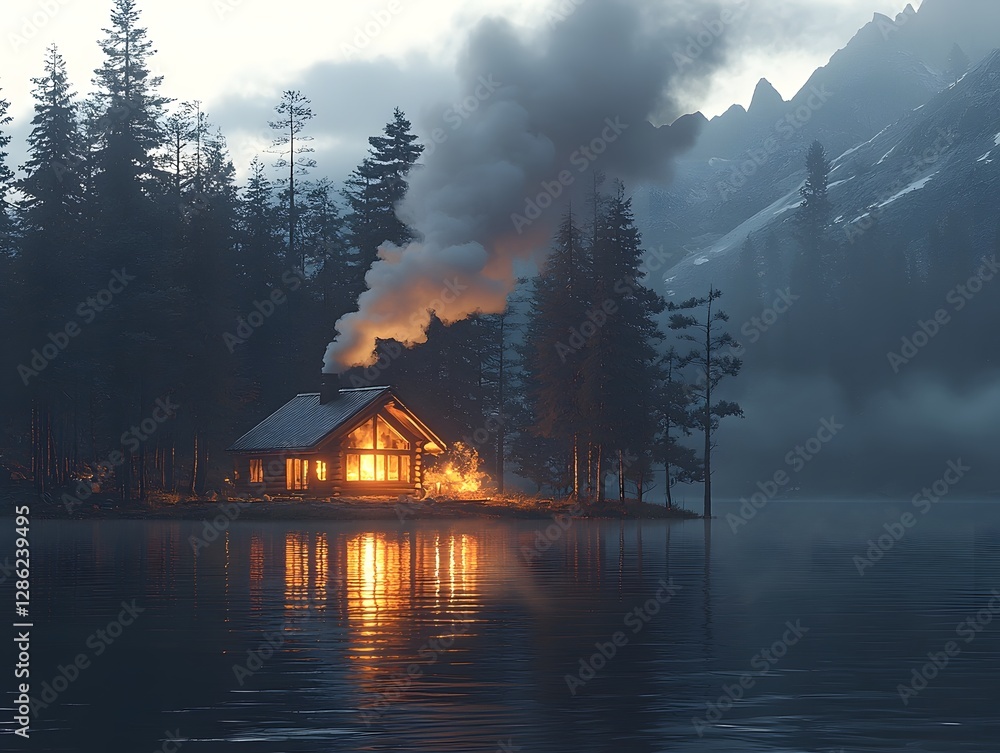 Fototapeta premium Cozy Lakeside Cabin Reflecting in Glowing Evening Waters with Serene Smoky Atmosphere