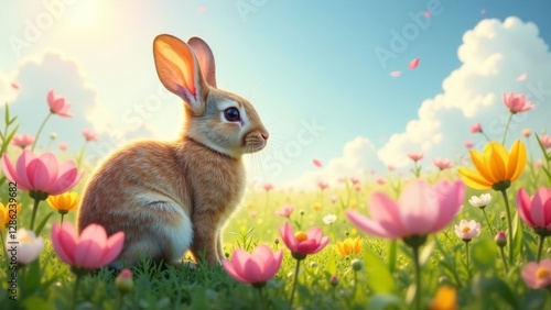 A fluffy young bunny rabbit sits amidst a vibrant meadow of colorful wildflowers, bathed in the warm glow of sunlight, enjoying the beauty of spring
