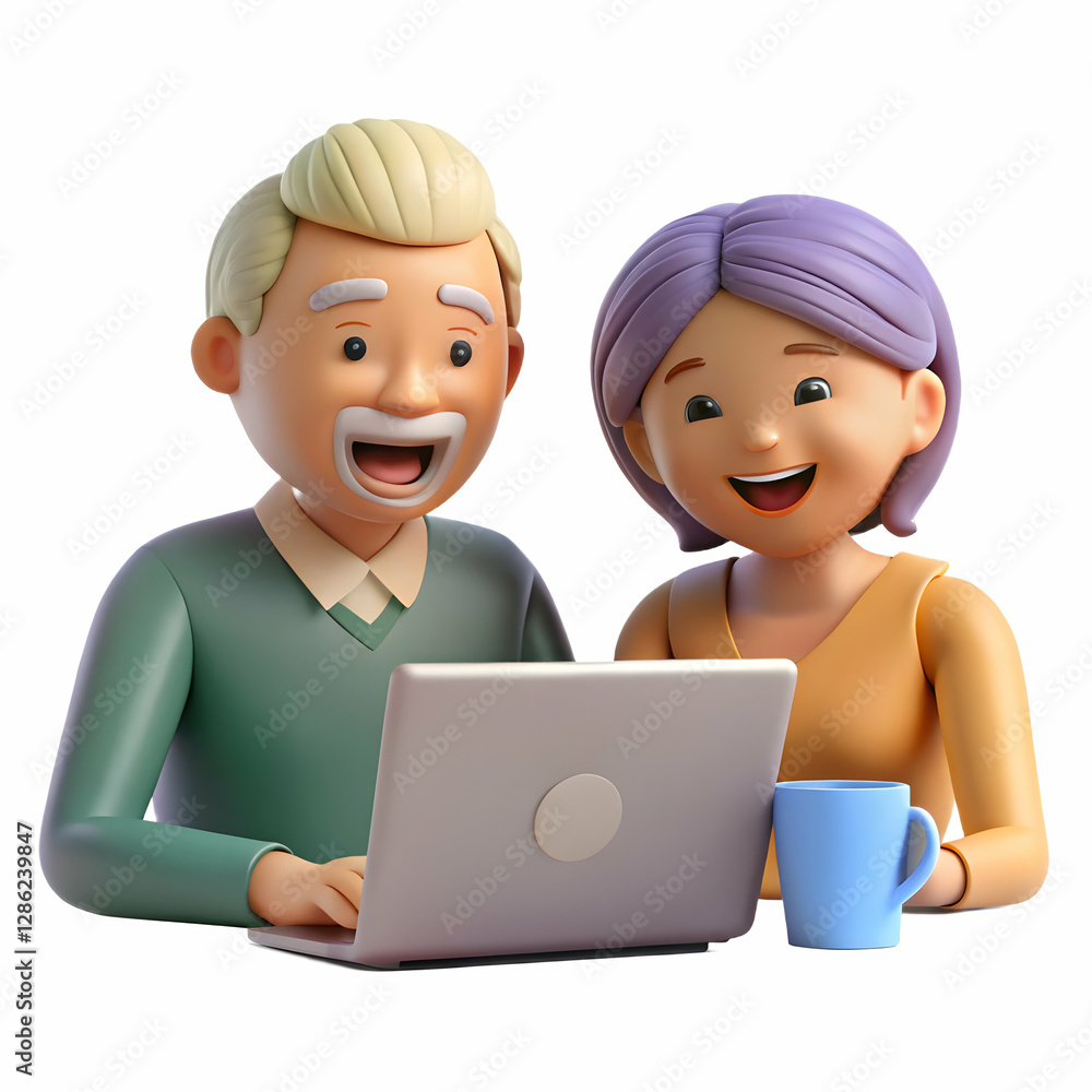 Happy Older Couple Bonding at Home While Managing Bills Online Happy Older Couple Bonding at Home While Managing Bills Online