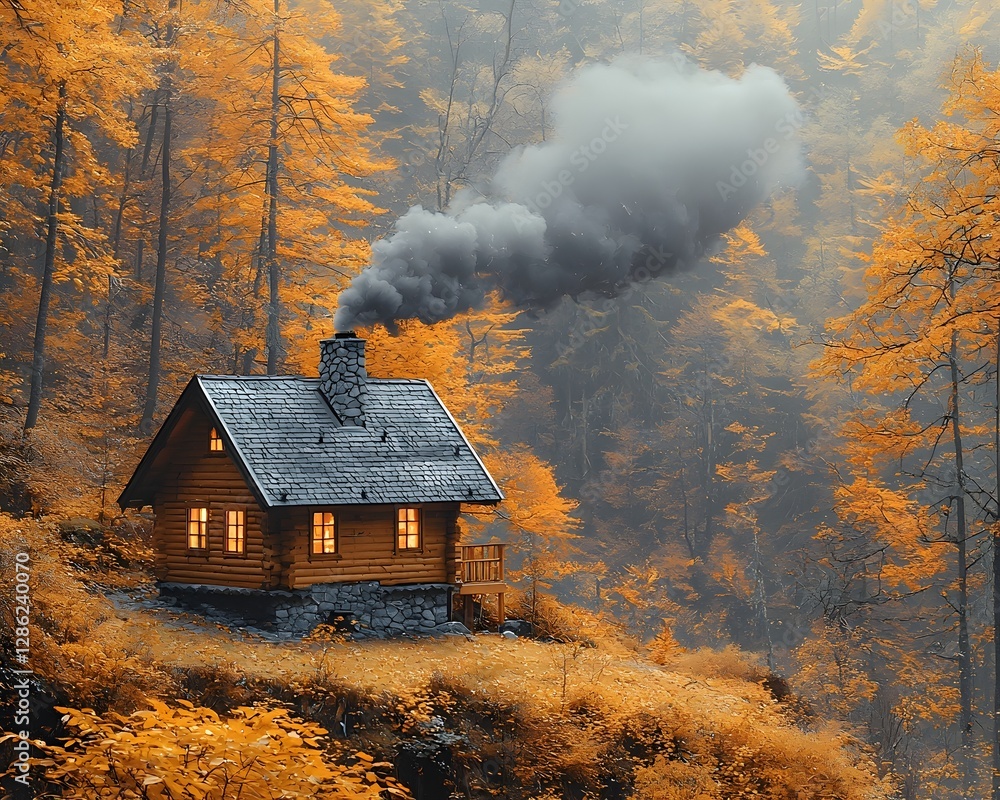Fototapeta premium Glowing Cabin Perched on Hillside with Autumn Leaf Backdrop and Smoky Chimney