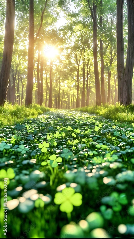 Fototapeta premium Clover Path in the Forest: A Sunlit Journey to Luck and Magic