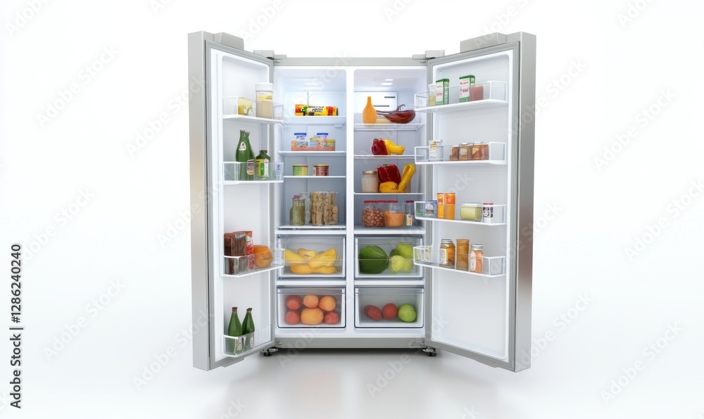 Open fridge full of food on white background, ideal for healthy eating visuals Open fridge full of food on white background, ideal for healthy eating visuals
