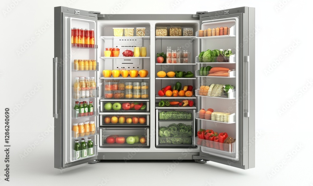Open fridge full of fresh, healthy food on white background, ideal for nutrition concepts Open fridge full of fresh, healthy food on white background, ideal for nutrition concepts