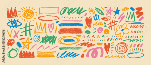 Funky multi colored crayon drawn lines, shapes, doodles and scribbles. Hand drawn vector pencil lines and childish doodles. Creative cute shapes and strokes for notes, cards and graphic design.