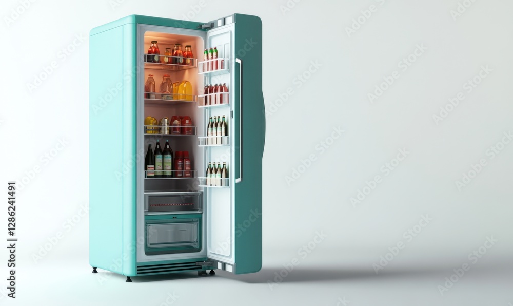 Open retro refrigerator with food and drinks on white background Open retro refrigerator with food and drinks on white background