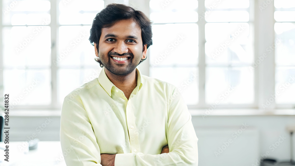 Happy Smiling Bearded Indian Businessman: Successful Lawyer & Small Business Owner in Office Portrait Happy Smiling Bearded Indian Businessman: Successful Lawyer & Small Business Owner in Office Portrait
