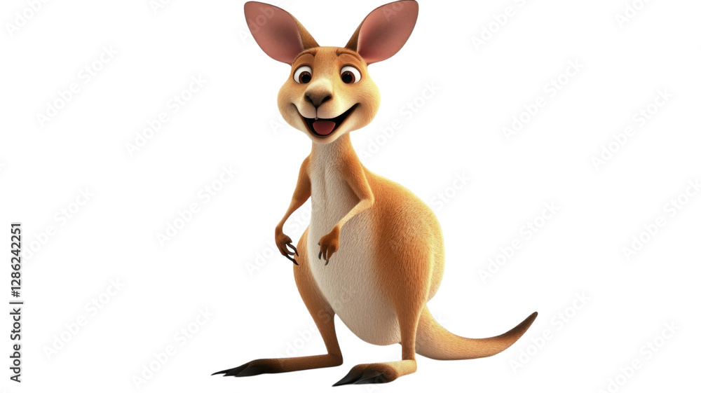 Smiling cartoon kangaroo standing cheerfully in a bright, inviting pose with a playful expression