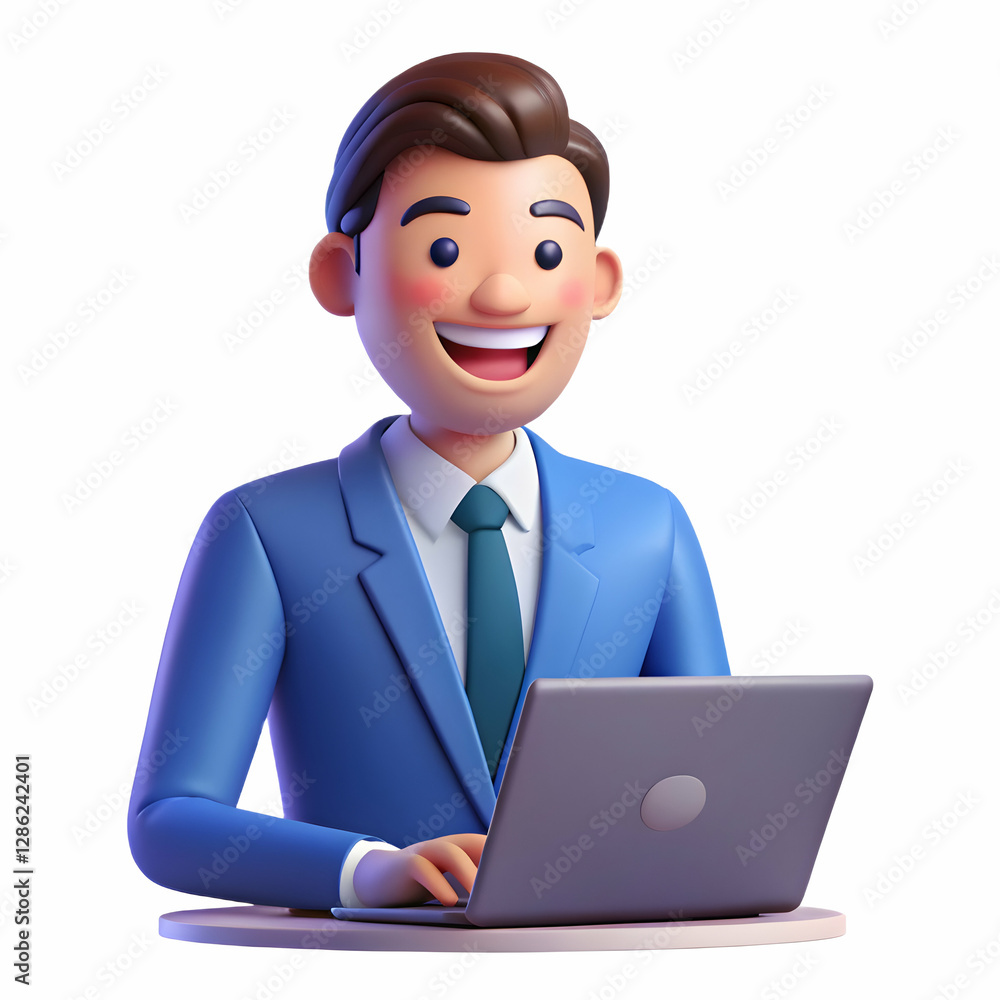 Happy Smiling Middle-Aged CEO in Blue Suit Working on Laptop at Office Desk - Portrait Concept with Empty Space for Text in Photo Stock Happy Smiling Middle-Aged CEO in Blue Suit Working on Laptop at Office Desk - Portrait Concept with Empty Space for Text in Photo Stock
