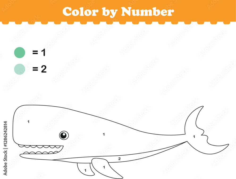 Obraz premium Color by numbers. Coloring page for kids. Coloring with cute sperm whale. Vector illustration