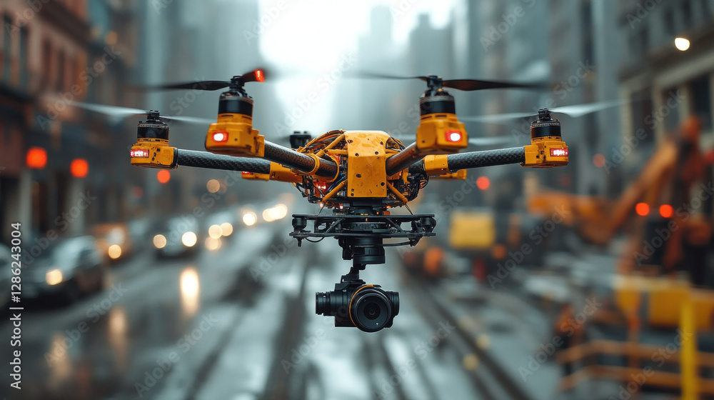 A drone-controlled construction robot laying concrete on a futuristic city project A drone-controlled construction robot laying concrete on a futuristic city project