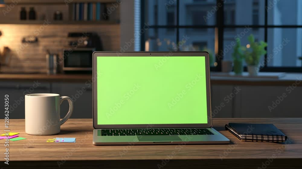 Modern Workspace with Laptop on a Wooden Desk, Empty Coffee Mug, Colorful Sticky Notes, Notebook, Green Screen for Creative Projects, Cozy Atmosphere Modern Workspace with Laptop on a Wooden Desk, Empty Coffee Mug, Colorful Sticky Notes, Notebook, Green Screen for Creative Projects, Cozy Atmosphere