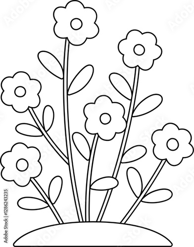 Cute blooming flower growing in soil coloring page.
Spring flowerbed outline. 
Outdoor Garden flowers Vector.
Transparent background.