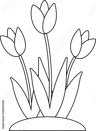 Cute blooming flower growing in soil coloring page.
Spring flowerbed outline. 
Outdoor Garden flowers Vector.
Transparent background.