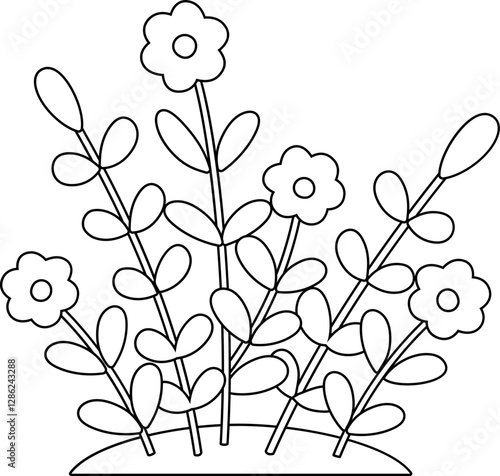 Cute blooming flower growing in soil coloring page.
Spring flowerbed outline. 
Outdoor Garden flowers Vector.
Transparent background.