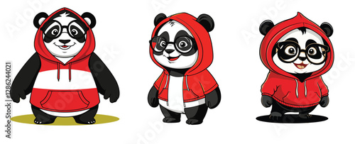 The Panda Posse in Scarlet Hoodies: A Trio of Bear Cubs Sporting Stylish Red Outerwear and Quirky Eyewear.