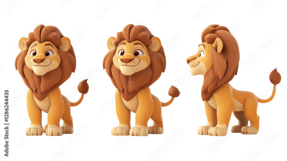Colorful cartoon lion character standing in different poses, showcasing playful expressions and features
