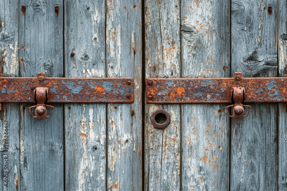 Close-up view of a weathered wooden door with peeling blue paint and rusty metal hardware, creating a rustic and textured vintage surface, showing signs of age. Close-up view of a weathered wooden door with peeling blue paint and rusty metal hardware, creating a rustic and textured vintage surface, showing signs of age.