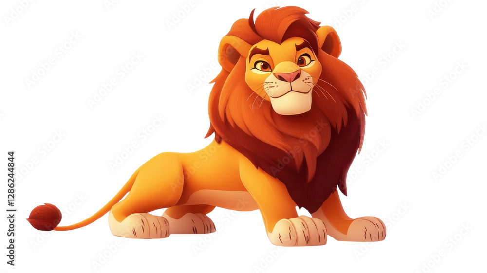 Cartoon lion resting with a confident expression and vibrant mane against a simple background