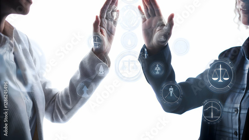 Holographic raised hands with glowing rights symbols copy space on side concept as A pair of holographic hands raised with glowing human rights symbols floating on an isolated white background. Copy s photo