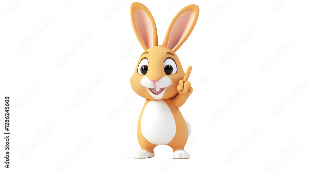 Cartoon bunny character with a cheerful expression and raised finger standing against a plain background