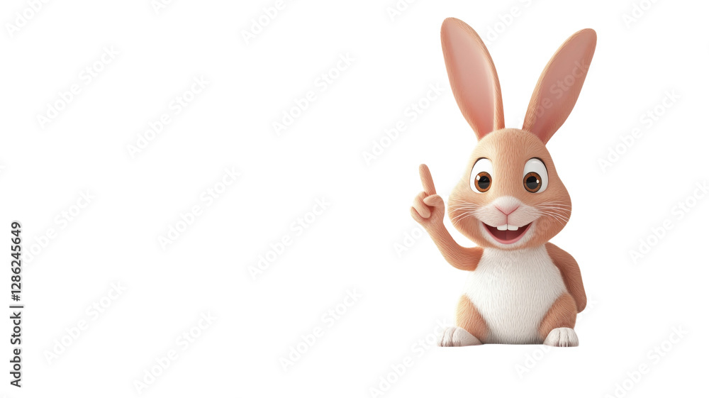 Cheerful cartoon rabbit pointing with a friendly expression in a bright, simple setting