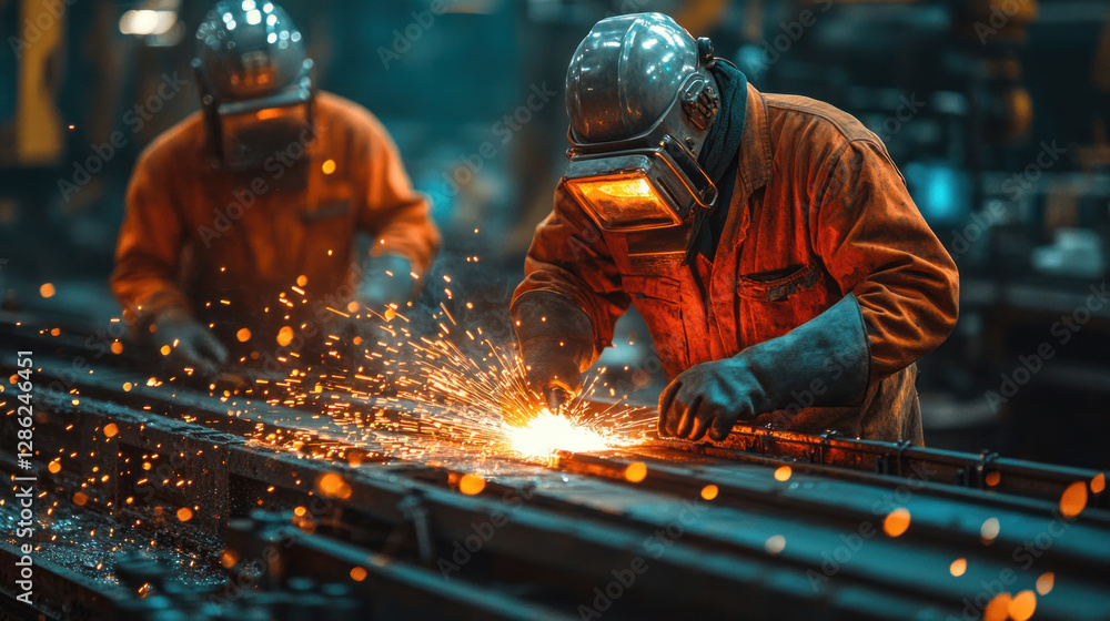 A group of heavy industry workers welding metal structures in a steel plant A group of heavy industry workers welding metal structures in a steel plant