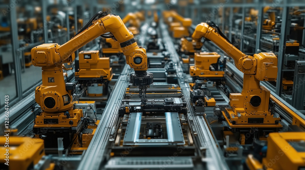 A hybrid industrial workspace where human operators program robotic arms for precision tasks A hybrid industrial workspace where human operators program robotic arms for precision tasks