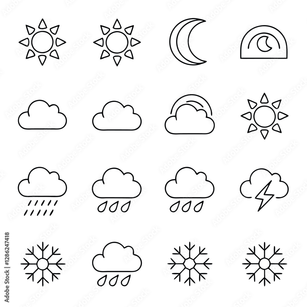 Fototapeta premium Weather Forecast Symbols Line Art Vector Set