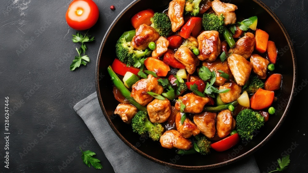 A cheerful and nutritious chicken stir-fry featuring an array of vibrant vegetables, ideal for health enthusiasts seeking a wholesome and tasty meal. A cheerful and nutritious chicken stir-fry featuring an array of vibrant vegetables, ideal for health enthusiasts seeking a wholesome and tasty meal.