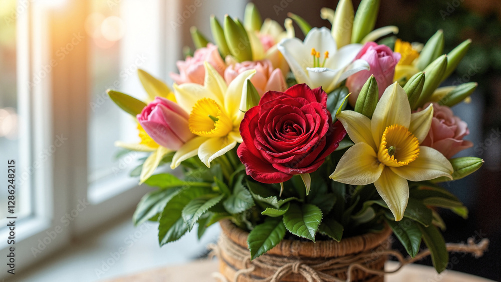 Vibrant Spring Bouquet with Red Rose: Perfect for Mother's Day Ads, Greeting Cards, and Floral Shop Promotions Vibrant Spring Bouquet with Red Rose: Perfect for Mother's Day Ads, Greeting Cards, and Floral Shop Promotions