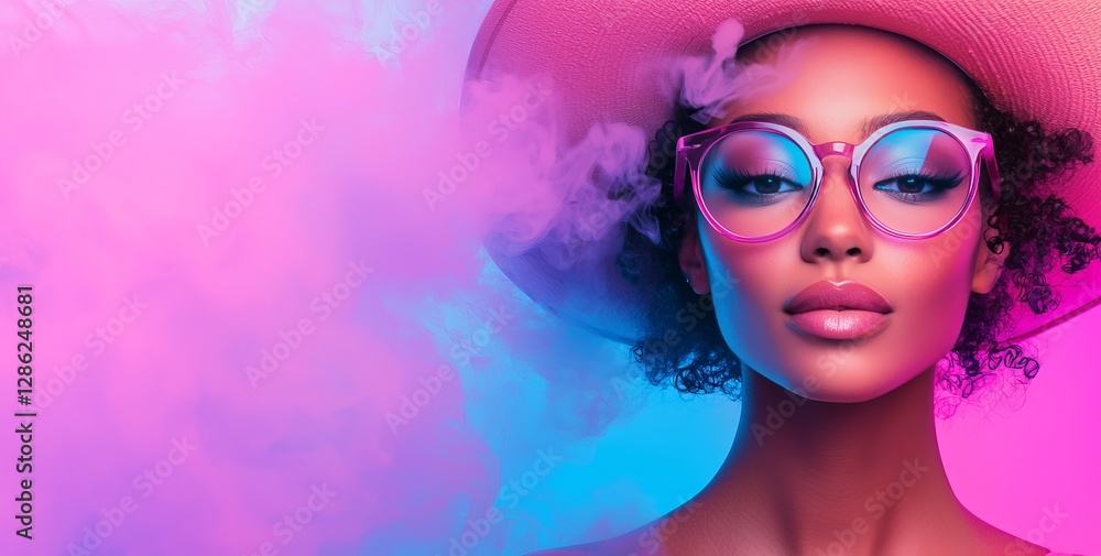 Obraz premium Young woman in red sunglasses featured in a close-up, dressed up in 80s disco style