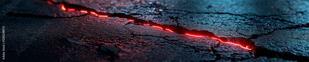 Glowing Red Crack in Dark Asphalt Creates Dramatic Visual for Destruction, Disaster, and Earthquake Themes. Glowing Red Crack in Dark Asphalt Creates Dramatic Visual for Destruction, Disaster, and Earthquake Themes.