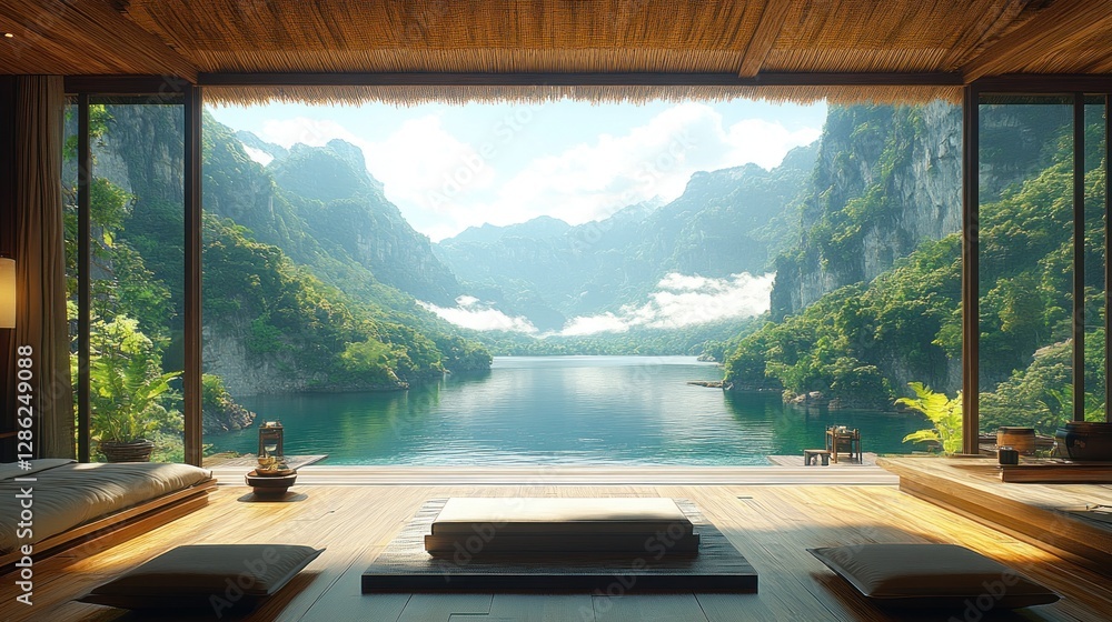 Fototapeta premium Tranquil mountain lake view from modern zen room