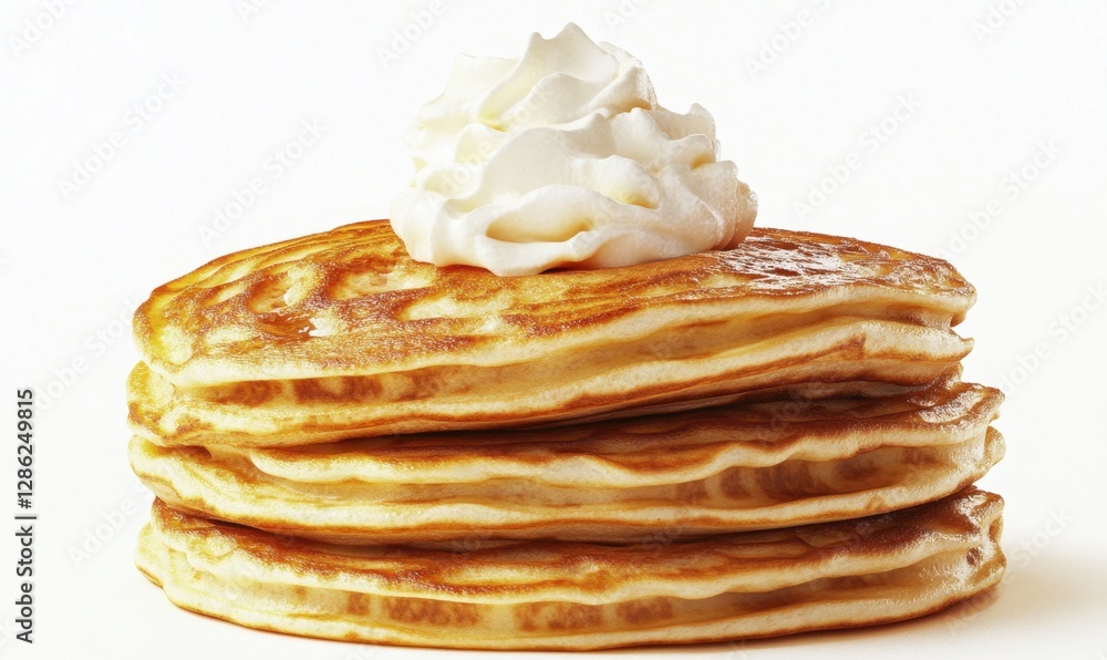 Stack of golden pancakes with whipped cream on white background for food blogs Stack of golden pancakes with whipped cream on white background for food blogs