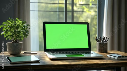 Wallpaper Mural Modern Workspace with Laptop Featuring Green Screen, Houseplants, and Cozy Natural Lighting for Creative Inspiration Torontodigital.ca