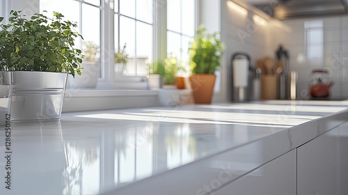 Sunlit Kitchen Countertop With Fresh Herbs In Pot